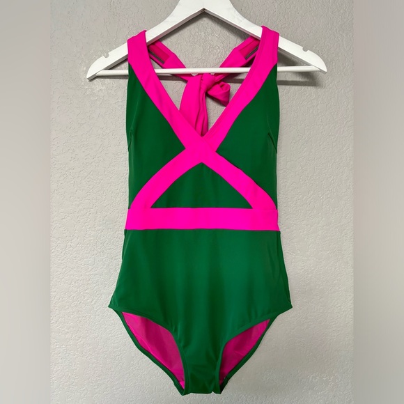 Boden Kefalonia One-Piece Neon Pink Kelly Green Swimsuit Size 8 - Picture 7 of 8